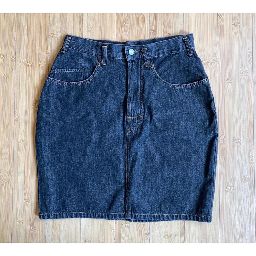 Esprit Vintage Mini Jean Skirt 26.5" High Waist Fitted Pencil 80s Black Denim